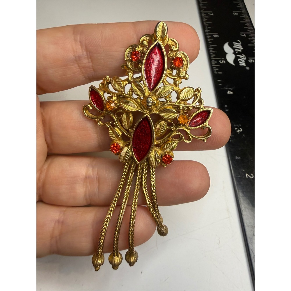 Gold Tone Red Enamel Orange Rhinestone Tassel Brooch Filigree Statement Pin